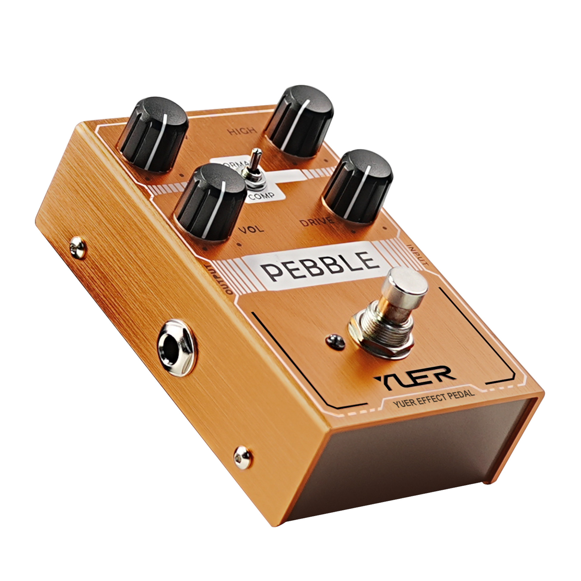 Gitarreneffektpedal, Overdrive-Pedal, Holzoptik, Vier Drehregler, Fußschalter